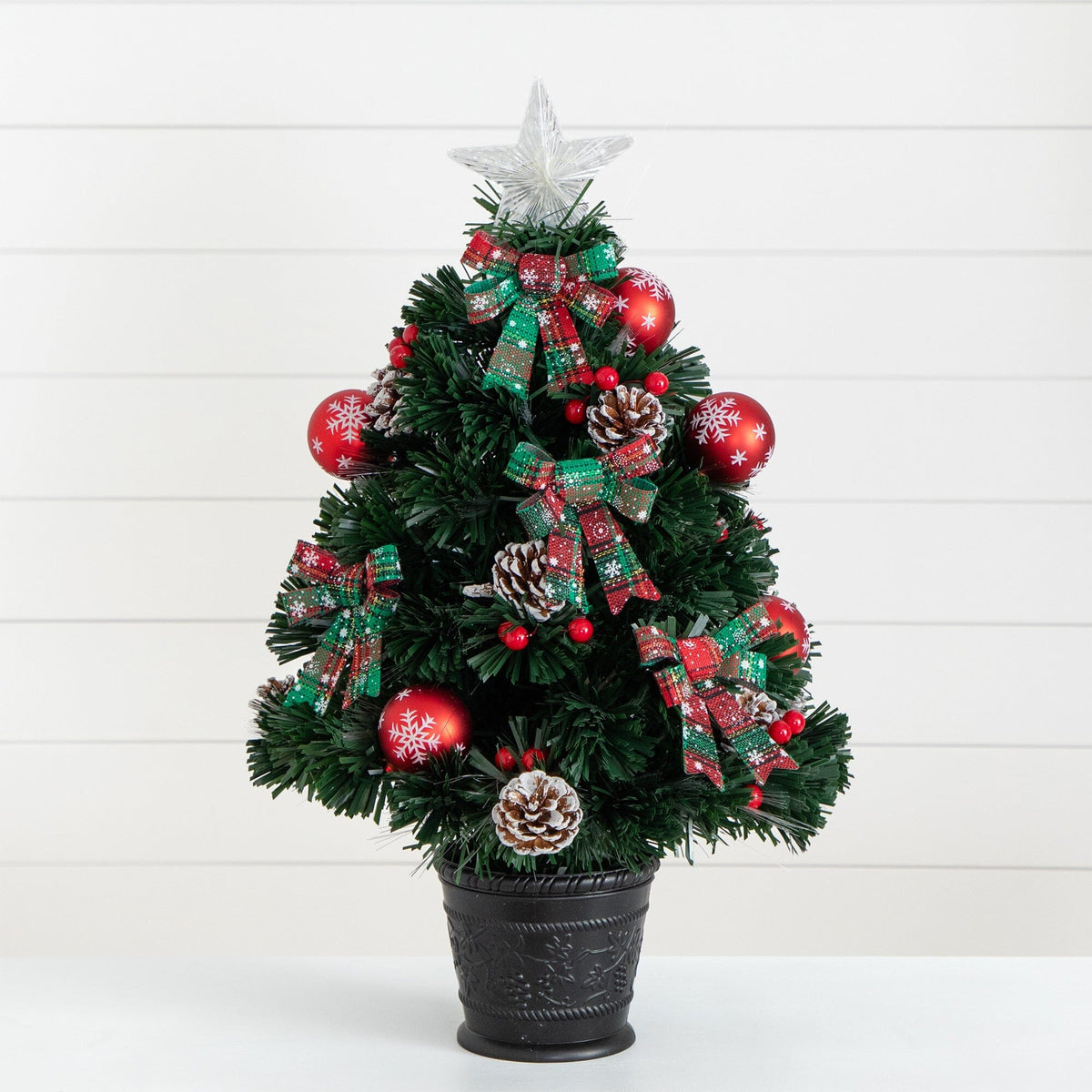 24in. Pre-Lit Fiber Optic Cosmopolitan Star Topped Artificial Christmas Tree with Decorative Planter, artificial Christmas tree for festive holiday home deco...