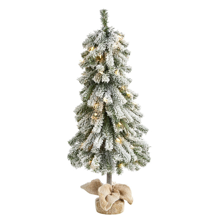 3’ Flocked Alpine Artificial Christmas Tree with 50 Lights, 177 Bendable Branches and a Burlap Planter