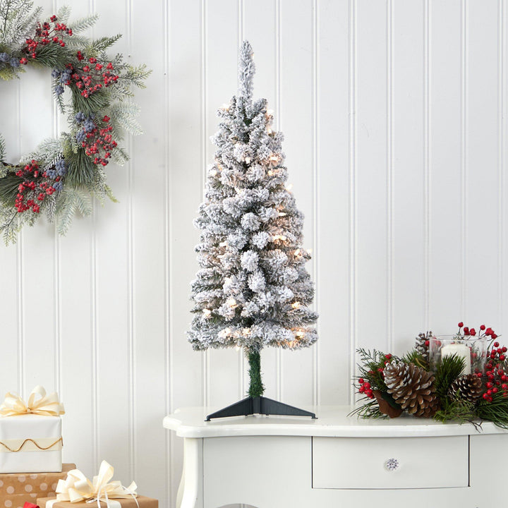 3' Flocked Pencil Artificial Christmas Tree with 50 Clear Lights and 132 Bendable Branches, Christmas tree for living room, entryway or seasonal display