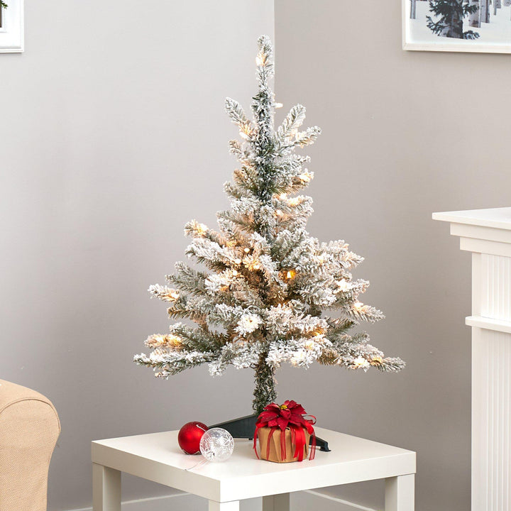 3' Flocked West Virginia Spruce Artificial Christmas Tree with 50 Clear Lights and 142 Branches, Christmas tree for living room, entryway or seasonal display