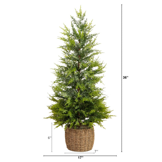 3' Pre-Lit Artificial Lightly Snowed Cypress Christmas Tree with 38 Warm White LED Lights in Decorative Weaved Basket, artificial Christmas tree for festive...