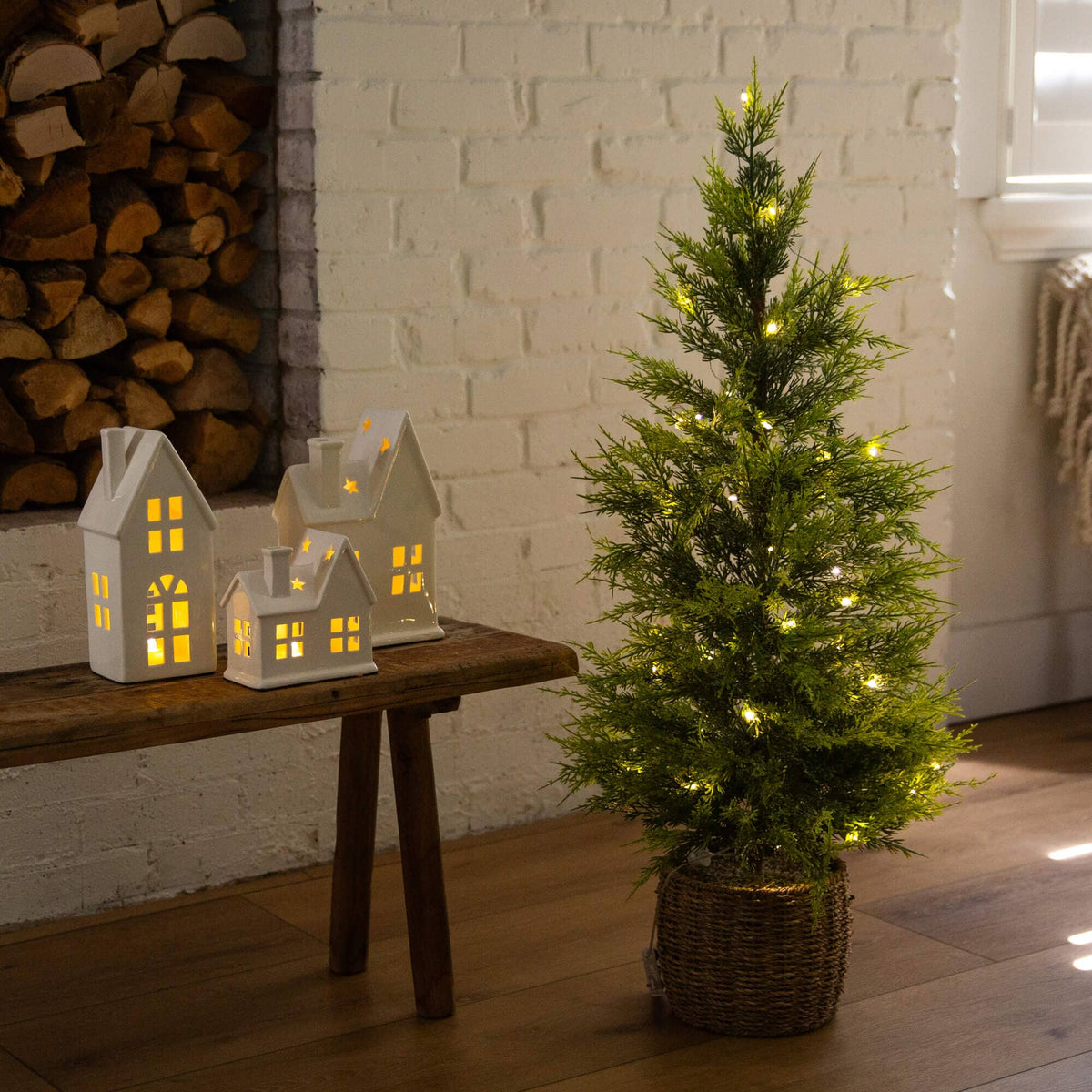 3' Pre-Lit Artificial Lightly Snowed Cypress Christmas Tree with 38 Warm White LED Lights in Decorative Weaved Basket, Christmas tree for living room, entryw...