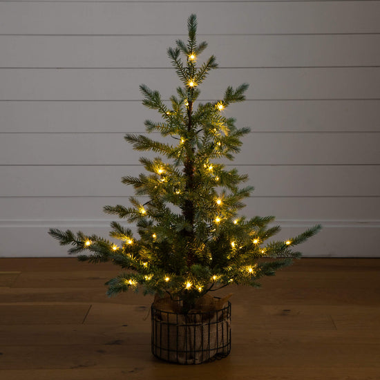 3' Pre-Lit Artificial Christmas Tree in Jute Wire Planter with 30 Warm White LED Lights