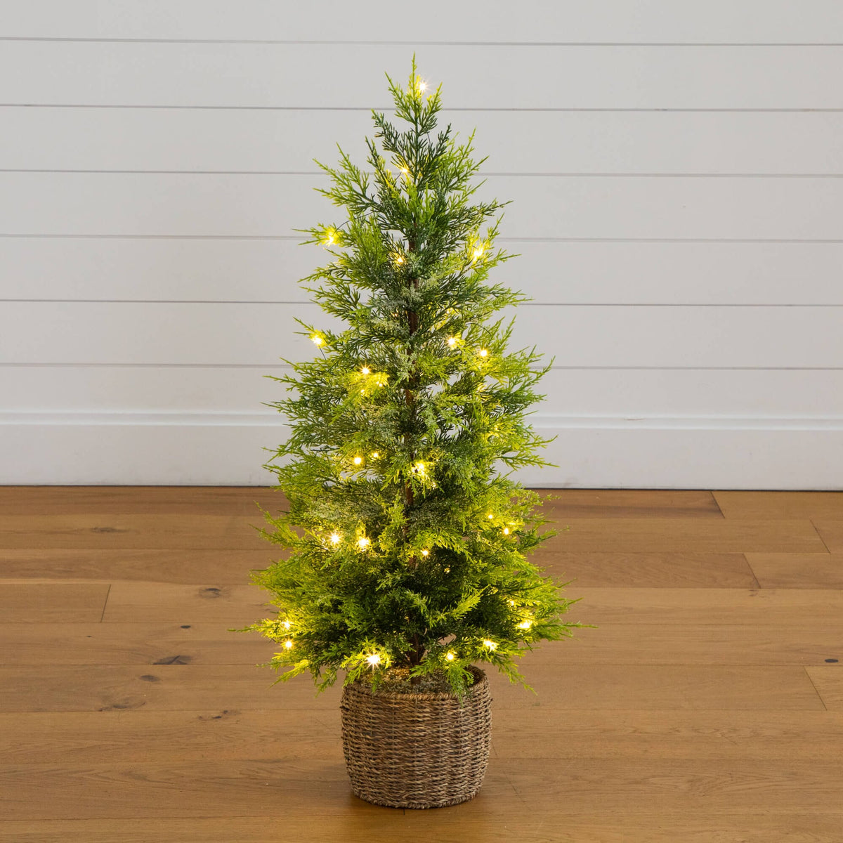 3' Pre-Lit Artificial Lightly Snowed Cypress Christmas Tree with 38 Warm White LED Lights in Decorative Weaved Basket, artificial Christmas tree for festive...