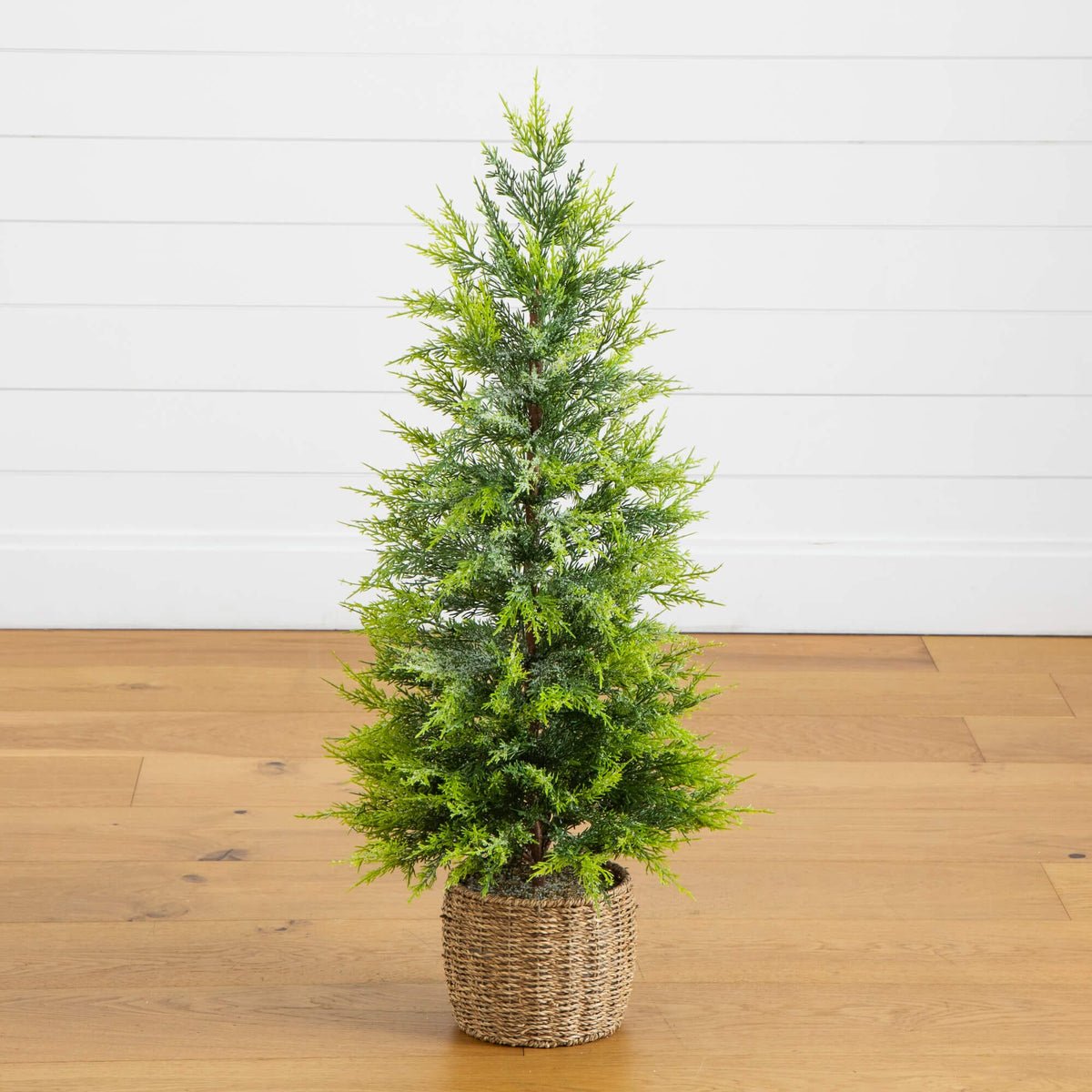 3' Pre-Lit Artificial Lightly Snowed Cypress Christmas Tree with 38 Warm White LED Lights in Decorative Weaved Basket, artificial Christmas tree for festive...
