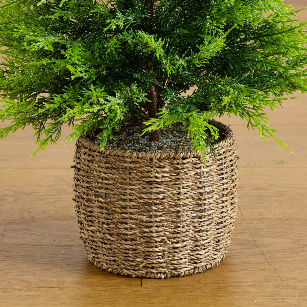 3' Pre-Lit Artificial Lightly Snowed Cypress Christmas Tree with 38 Warm White LED Lights in Decorative Weaved Basket, holiday tree for festive indoor Christ...