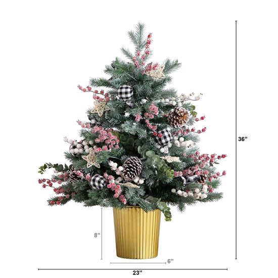 3' Pre-Lit Artificial Snow Covered Decorative Christmas Tree in Golden Planter with 80 Color Changing LED Lights, holiday tree for festive indoor Christmas d...