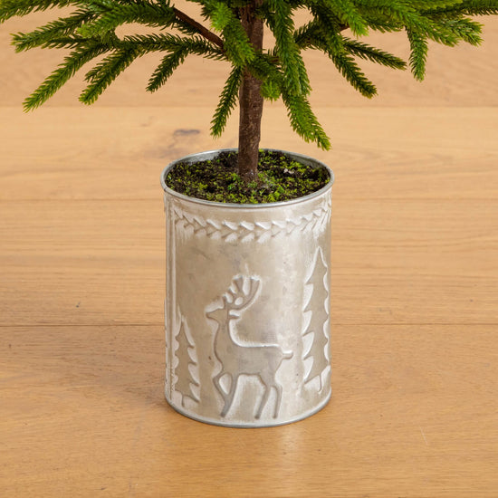 32" Artificial Real Touch Norfolk Island Pine in Christmas Tin Metal Planter with Natural Look