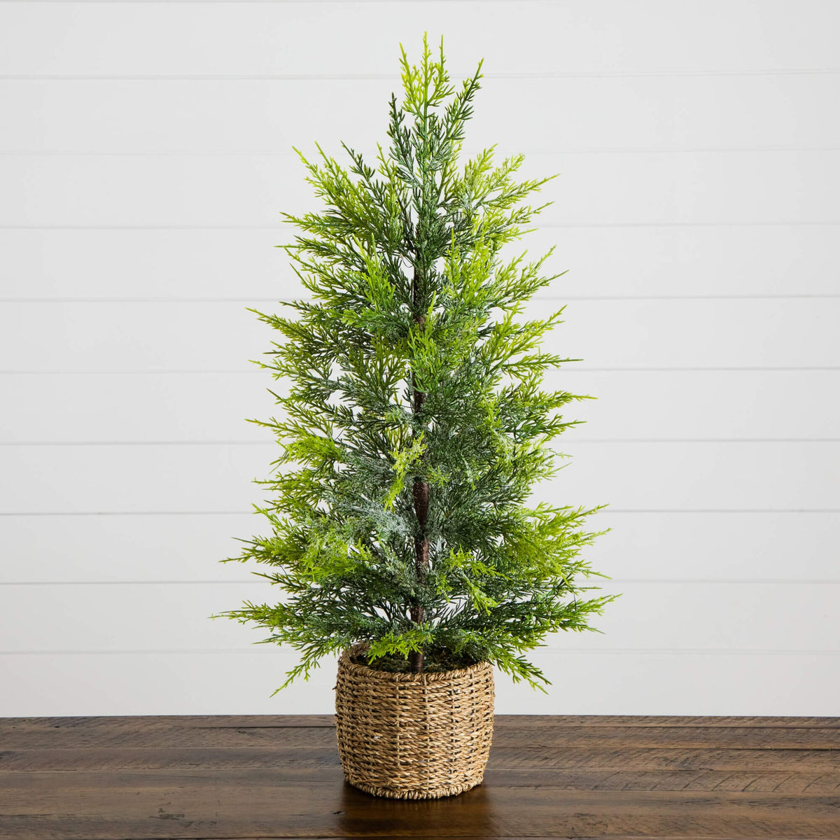 32" Pre-Lit Artificial Lightly Snowed Cypress Christmas Tree with 30 Warm White LED Lights in Decorative Weaved Basket, artificial Christmas tree for festive...