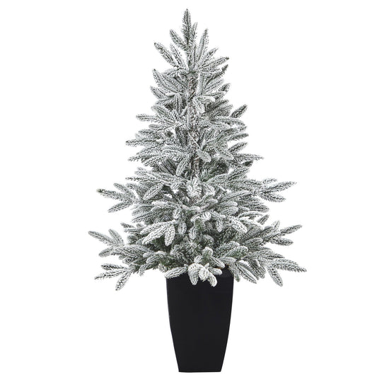 3.5’ Flocked Manchester Spruce Artificial Christmas Tree with 50 Lights and 133 Bendable Branches in Metal Planter