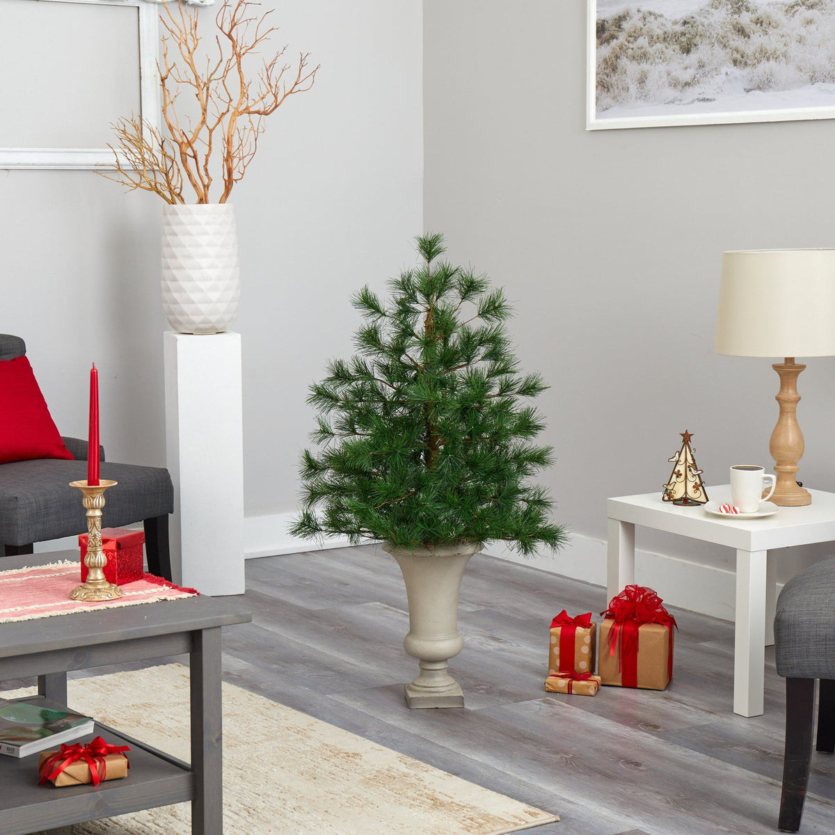 3.5’ Yukon Mixed Pine Artificial Christmas Tree with 213 Bendable Branches in Sand Colored Urn
