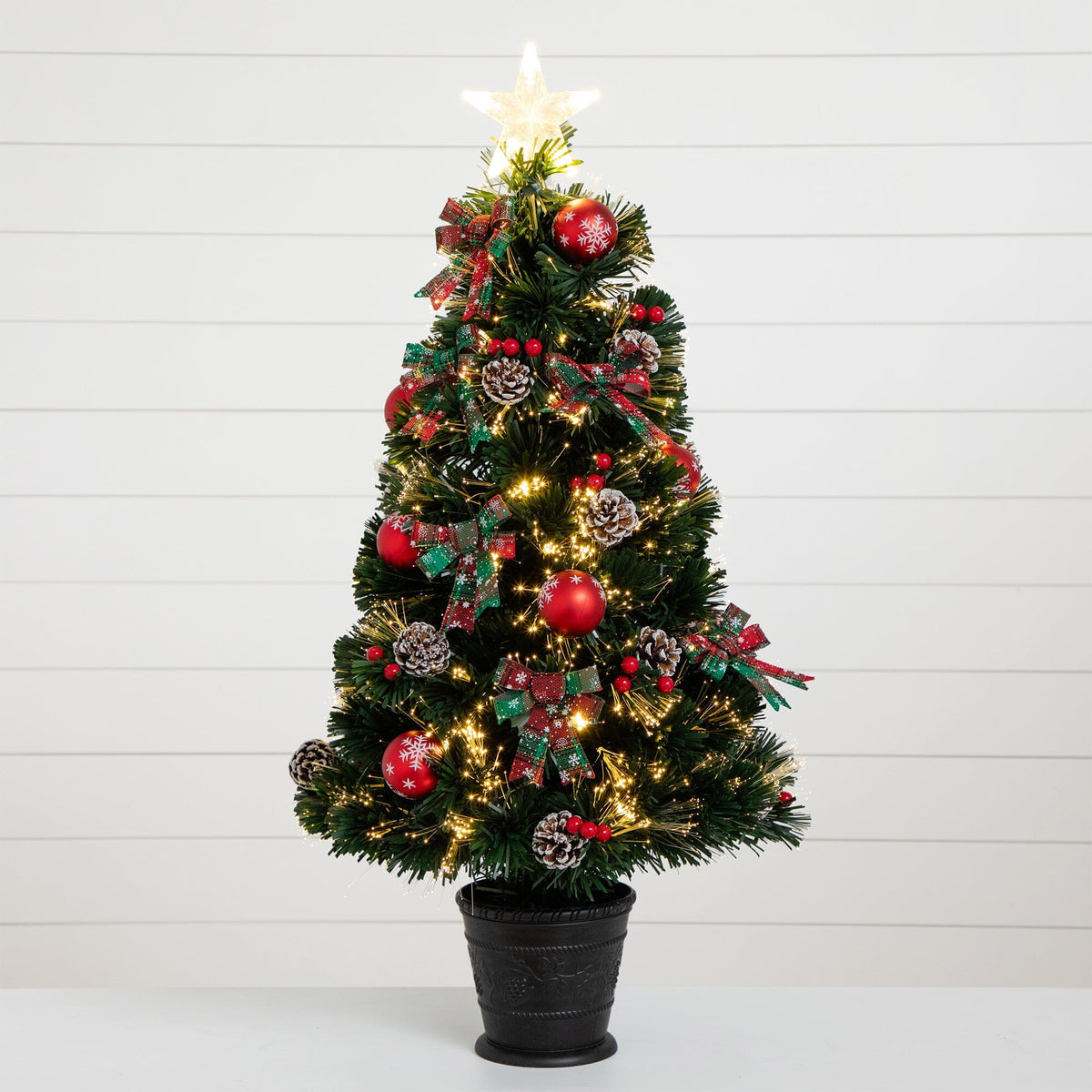 36" Pre-Lit Fiber Optic Cosmopolitan Star Topped Artificial Christmas Tree with Decorative Planter, artificial Christmas tree for festive holiday home decor...