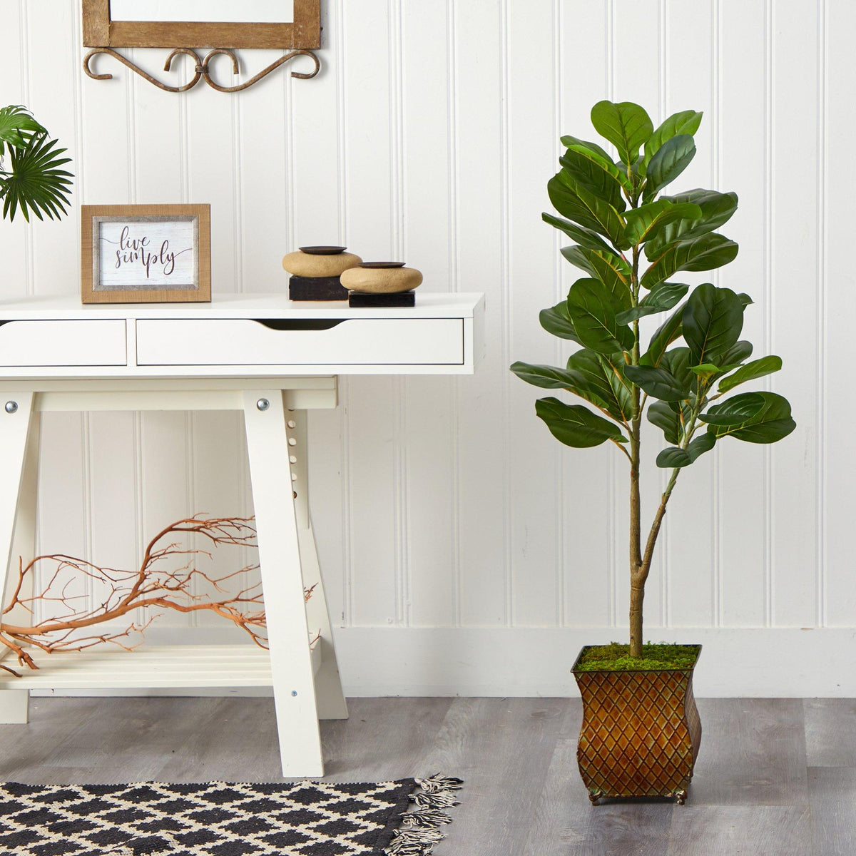 4’ Fiddle Leaf Fig Artificial Tree in Metal Planter with Faux Moss