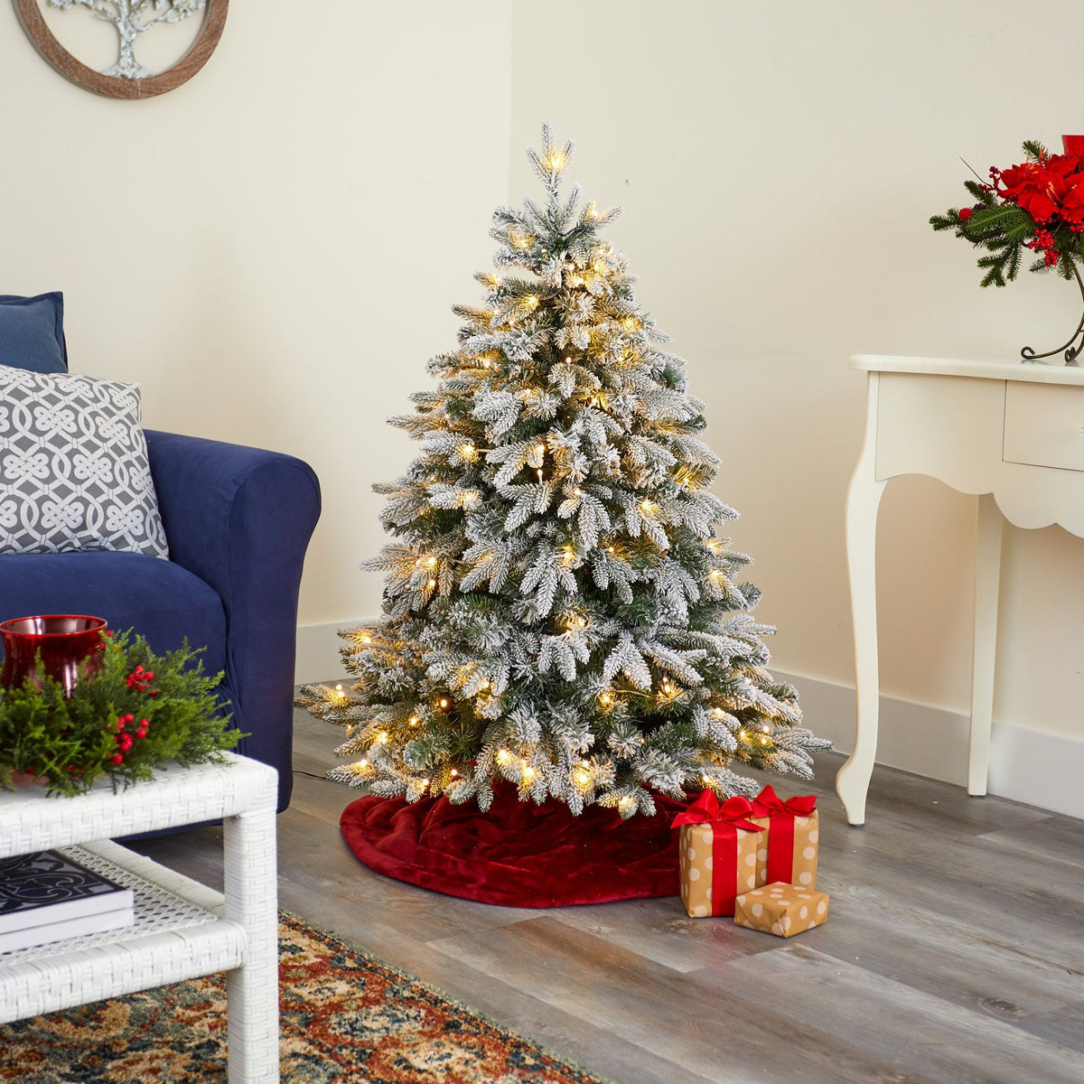 4’ Flocked Full Bodied Swedish Spruce Artificial Christmas Tree with 170 Clear LED Lights and 418 Bendable Branches
