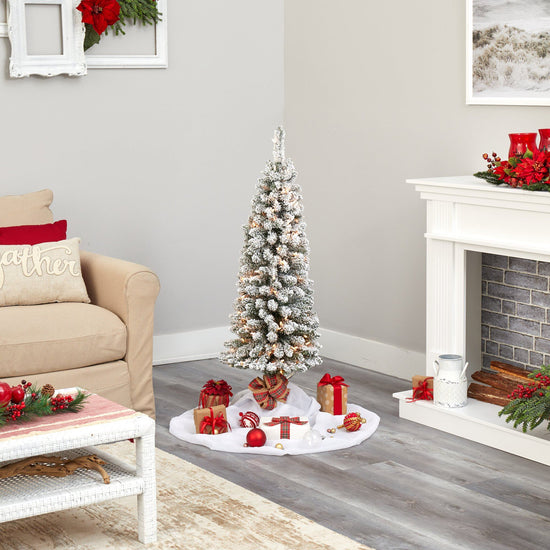 4' Flocked Pencil Artificial Christmas Tree with 100 Clear Lights and 216 Bendable Branches, holiday tree for festive indoor Christmas decorating