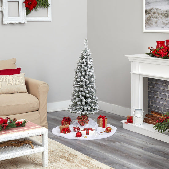 4' Flocked Pencil Artificial Christmas Tree with 100 Clear Lights and 216 Bendable Branches, decorative Christmas tree for home and seasonal holiday display