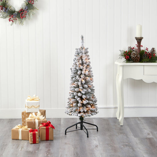 4' Flocked Pencil Artificial Christmas Tree with 100 Clear Lights and 216 Bendable Branches, Christmas tree for living room, entryway or seasonal display