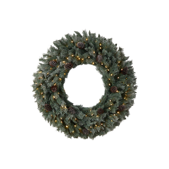 4’ Large Flocked Christmas Wreath with Pinecones, 150 Clear LED Lights and 360 Bendable Branches