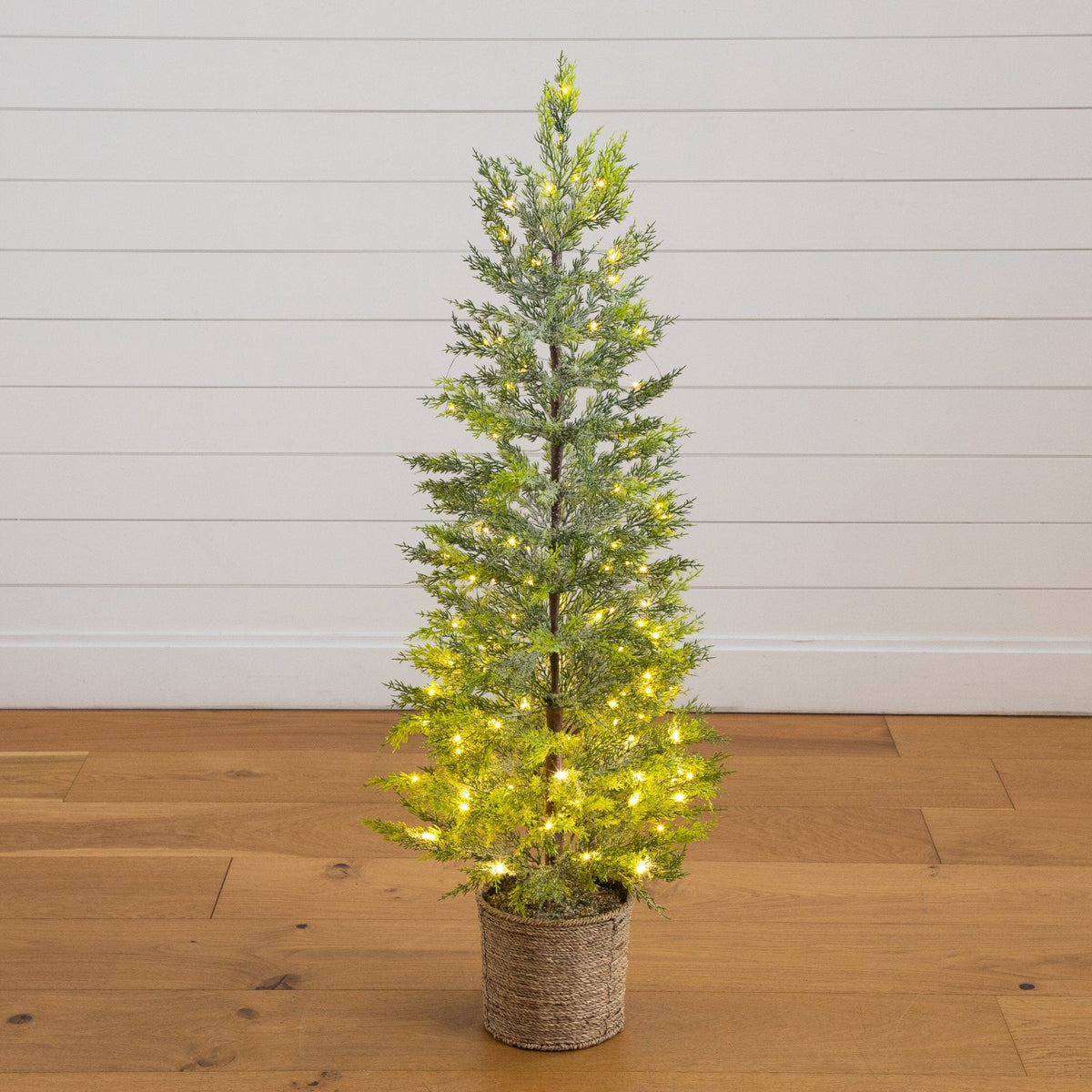 4' Pre-Lit Artificial Snowed Cypress Christmas Tree with 120 LED Lights in Hyacinth Basket, holiday tree for festive indoor Christmas decorating