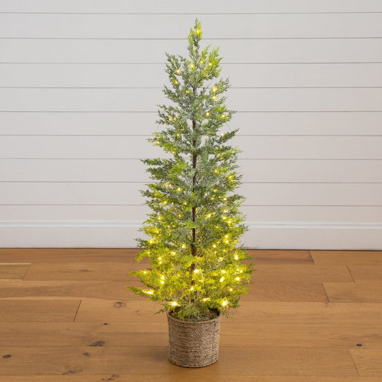 4' Pre-Lit Artificial Snowed Cypress Christmas Tree with 120 LED Lights in Hyacinth Basket, holiday tree for festive indoor Christmas decorating