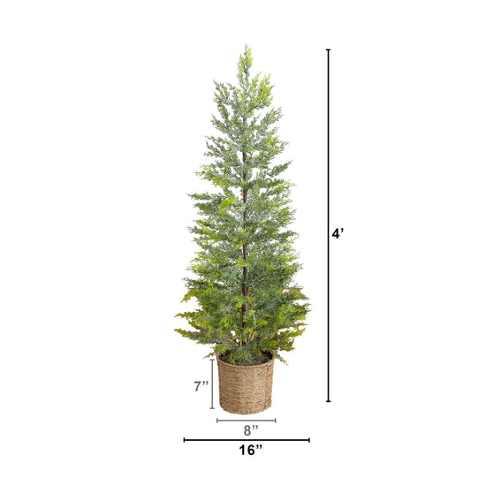 4' Pre-Lit Artificial Snowed Cypress Christmas Tree with 120 LED Lights in Hyacinth Basket, decorative Christmas tree for home and seasonal holiday display