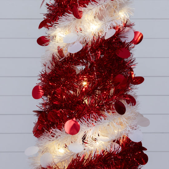 4' Pre-Lit Pop up Red & White Tinsel Christmas Tree with 50 LED Lights, Christmas tree for living room, entryway or seasonal display
