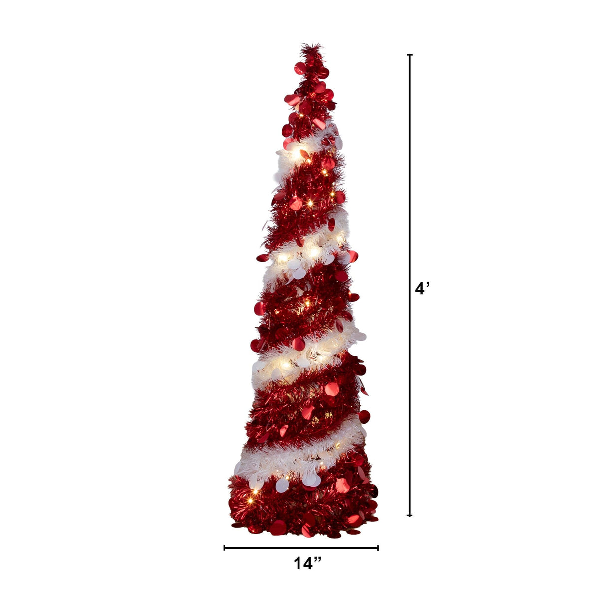 4' Pre-Lit Pop up Red & White Tinsel Christmas Tree with 50 LED Lights, decorative Christmas tree for home and seasonal holiday display