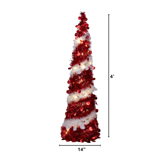 4' Pre-Lit Pop up Red & White Tinsel Christmas Tree with 50 LED Lights, decorative Christmas tree for home and seasonal holiday display