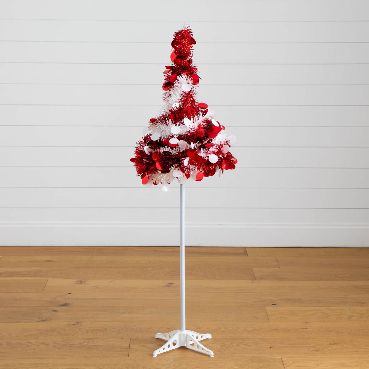 4' Pre-Lit Pop up Red & White Tinsel Christmas Tree with 50 LED Lights, Christmas tree for living room, entryway or seasonal display