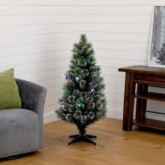 4' Snowy Pre-Lit Fiber Optic Artificial Christmas Tree with 40 Colorful LED Lights, holiday tree for festive indoor Christmas decorating