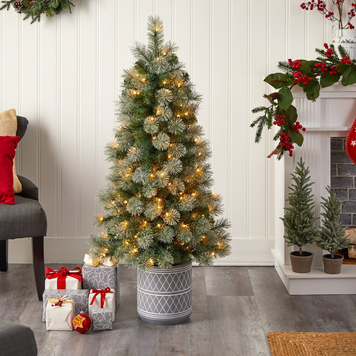 4.5' Nova Scotia Artificial Christmas Tree in Engraved Geometric Stone Planter, holiday tree for festive indoor Christmas decorating
