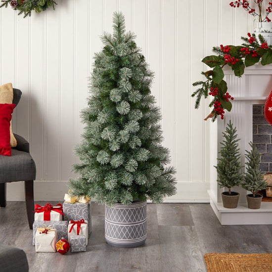 4.5' Nova Scotia Artificial Christmas Tree in Engraved Geometric Stone Planter, decorative Christmas tree for home and seasonal holiday display