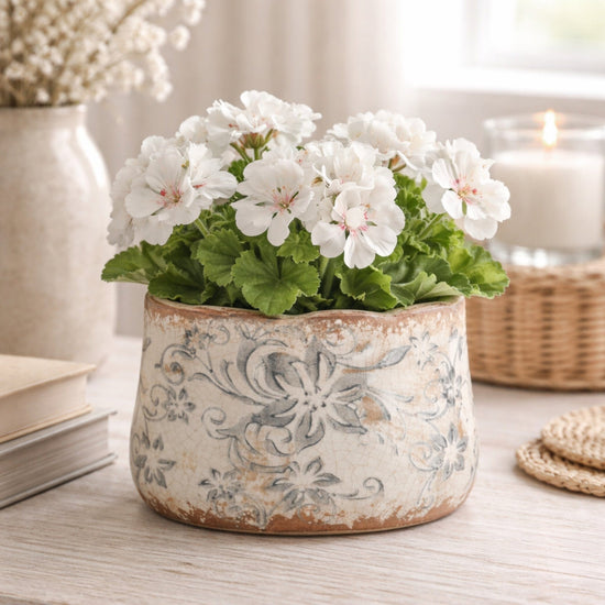 4.5” Tuscan Ceramic Gray Scroll Planter - Antique Style Vase