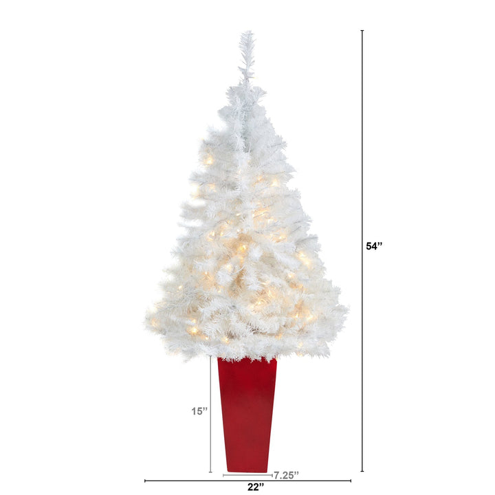 4.5' White Artificial Christmas Tree with 100 Clear LED Lights in Red Planter