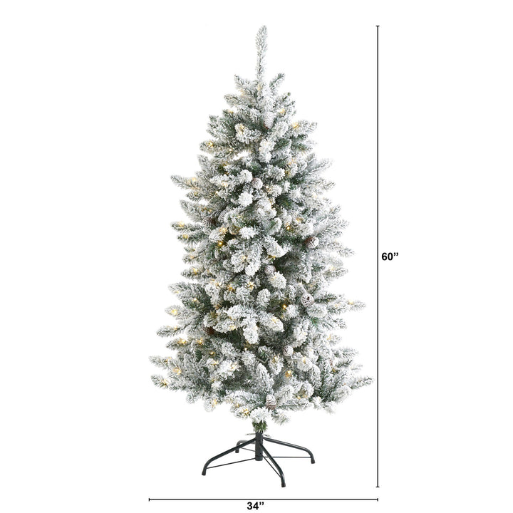 5' Flocked Livingston Fir Artificial Christmas Tree with Pine Cones and 200 Clear Warm LED Lights, Christmas tree for living room, entryway or seasonal display