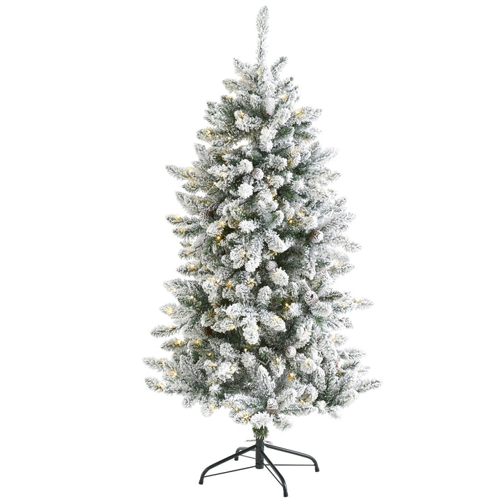 5' Flocked Livingston Fir Artificial Christmas Tree with Pine Cones and 200 Clear Warm LED Lights, artificial Christmas tree for festive holiday home decor f...