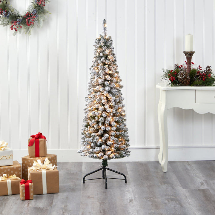 5' Flocked Pencil Artificial Christmas Tree with 200 Clear Lights and 318 Bendable Branches, Christmas tree for living room, entryway or seasonal display