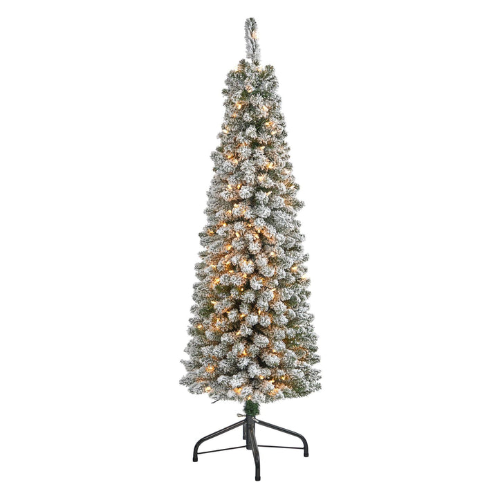 5' Flocked Pencil Artificial Christmas Tree with 200 Clear Lights and 318 Bendable Branches, artificial Christmas tree for festive holiday home decor from Ce...