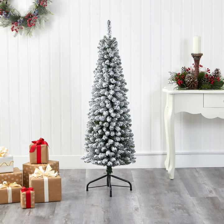 5' Flocked Pencil Artificial Christmas Tree with 318 Bendable Branches, Christmas tree for living room, entryway or seasonal display