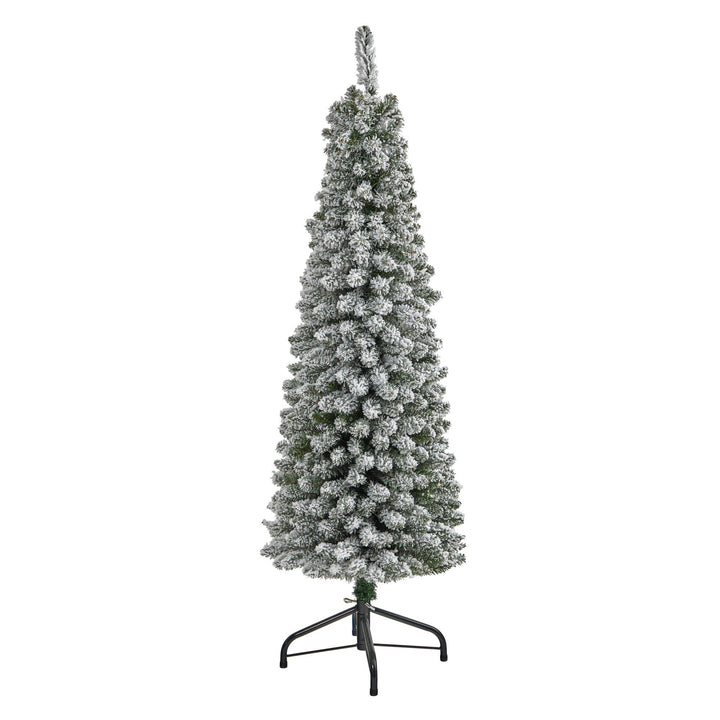 5' Flocked Pencil Artificial Christmas Tree with 318 Bendable Branches, artificial Christmas tree for festive holiday home decor from Cedar & Spice Gifts