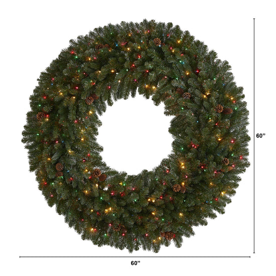 5’ Giant Flocked Artificial Christmas Wreath with 280 Multicolored Lights, Glitter and Pine Cones