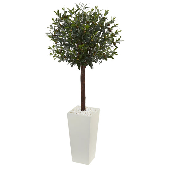 5’ Olive Topiary Artificial Tree in White Tower Planter
