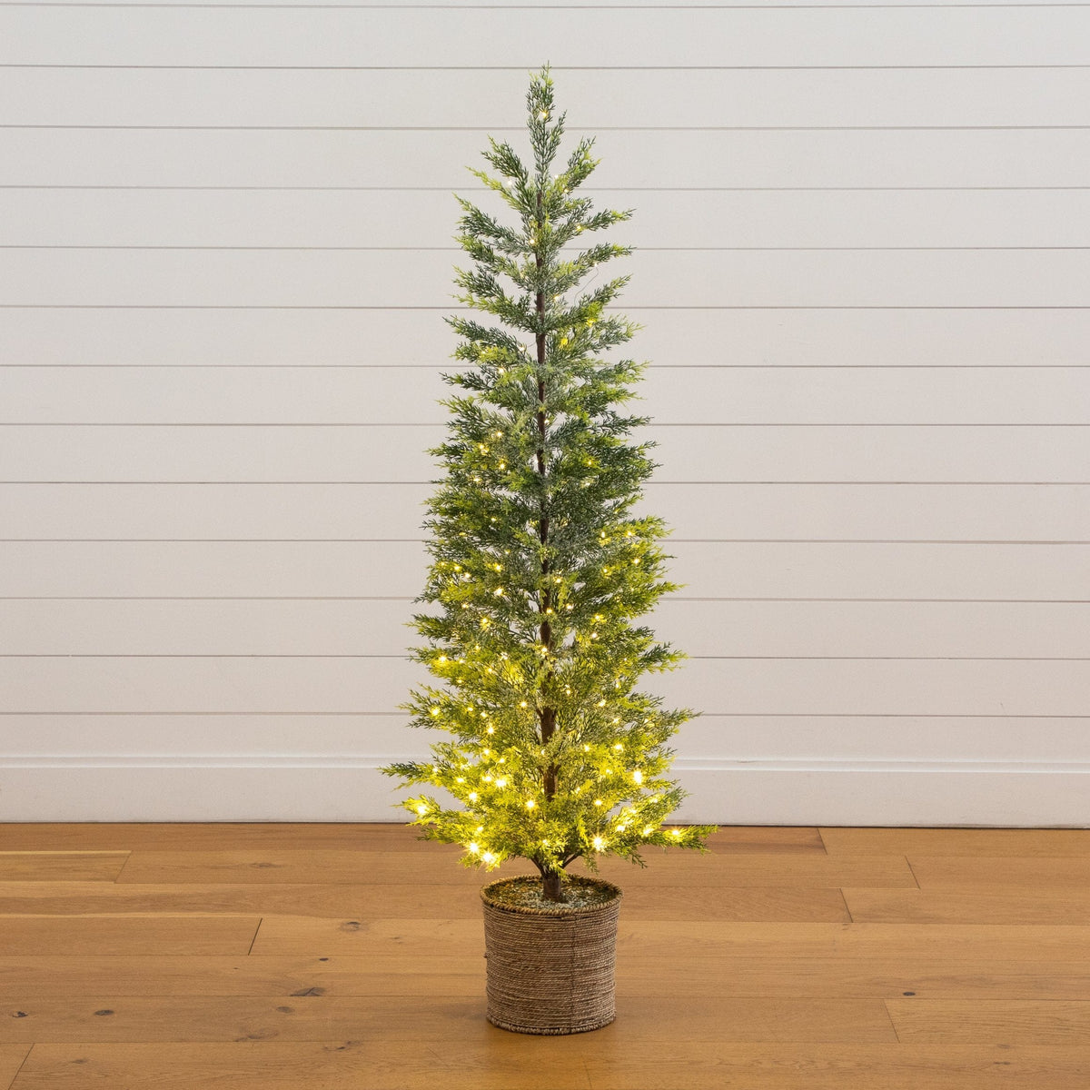 5' Pre-Lit Artificial Snowed Cypress Christmas Tree with 140 LED Lights in Hyacinth Basket, artificial Christmas tree for festive holiday home decor from Ced...