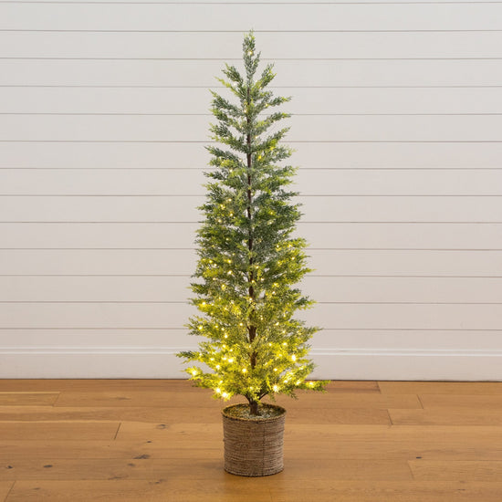 5' Pre-Lit Artificial Snowed Cypress Christmas Tree with 140 LED Lights in Hyacinth Basket, artificial Christmas tree for festive holiday home decor from Ced...