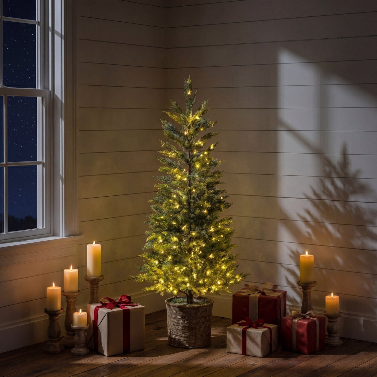 5' Pre-Lit Artificial Snowed Cypress Christmas Tree with 140 LED Lights in Hyacinth Basket, holiday tree for festive indoor Christmas decorating
