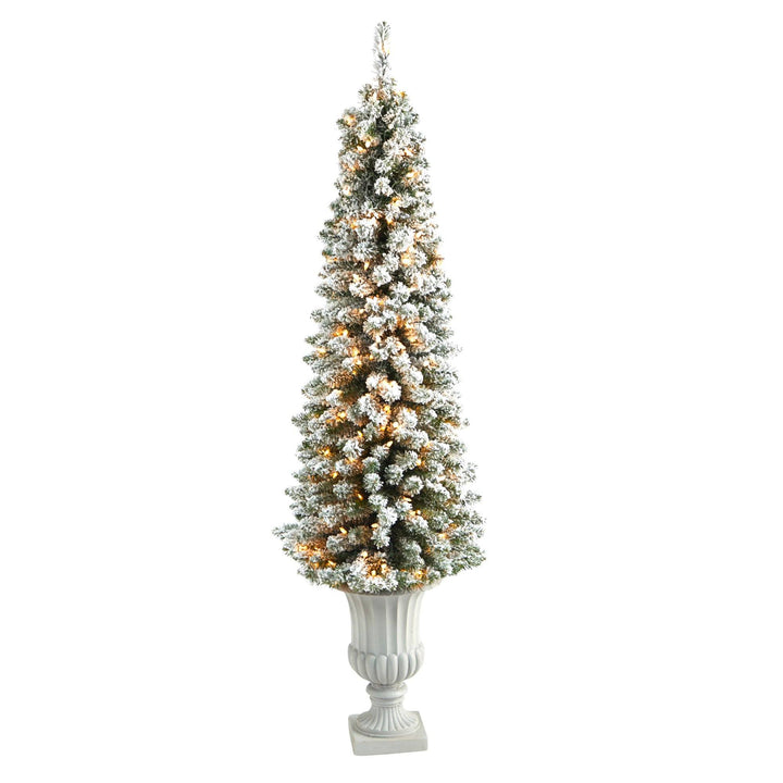 5.5' Flocked Pencil Artificial Christmas Tree with 200 Clear Lights and 318 Bendable Branches in Decorative Urn, artificial Christmas tree for festive holida...