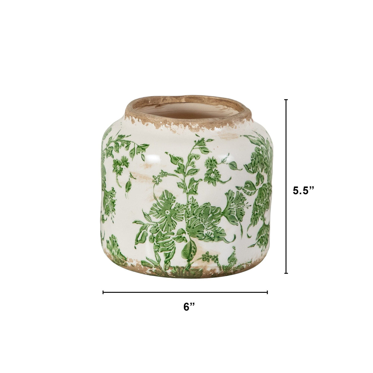 5.5” Floral Tuscan Ceramic Green Scroll Planter - Weathered Farmhouse Decor