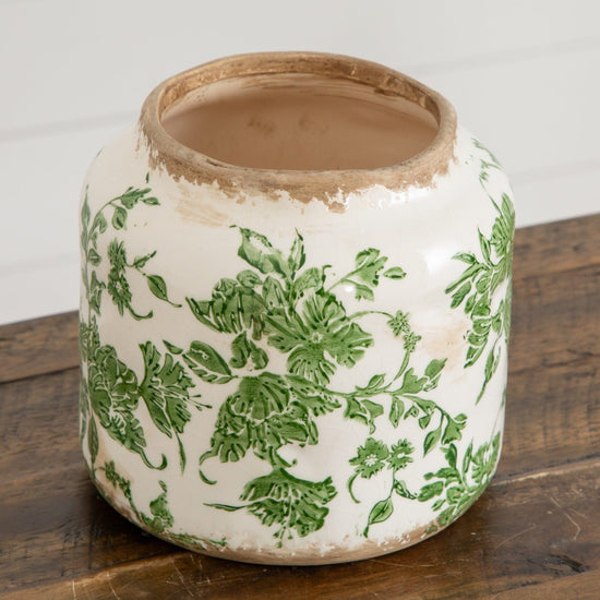5.5” Floral Tuscan Ceramic Green Scroll Planter - Weathered Farmhouse Decor