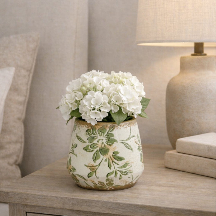 5.5” Tuscan Ceramic Green Scroll Planter - Distressed Farmhouse Planter