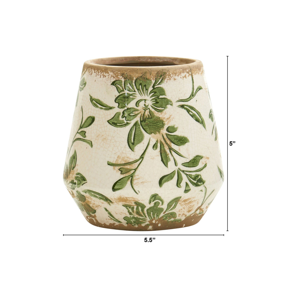 5.5” Tuscan Ceramic Green Scroll Planter - Distressed Farmhouse Planter